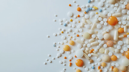 Assorted Colorful Pills and Capsules Scattered on a Light Background