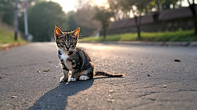 abby Kitten Sitting Alone on Empty Road at Sunset