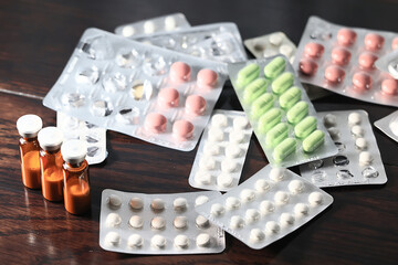 packages of medicines and pills, medical background