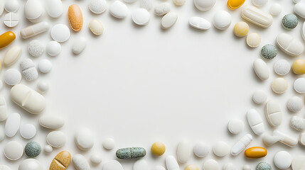 Assorted Medications Forming a Circular Frame on a White Background