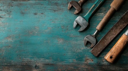 An assortment of vintage hand tools displayed on a weathered blue wooden surface, evoking a sense of craftsmanship and tradition in woodworking.