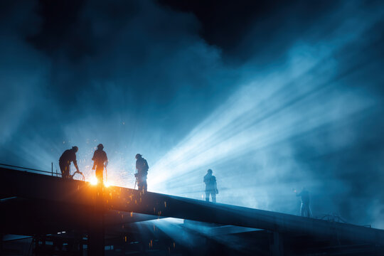 Construction workers assembling steel beams under floodlights at night, sparks flying