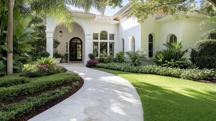 An inviting home entrance featuring elegant architecture, lush green landscaping, and a welcoming pathway that creates a warm first impression.