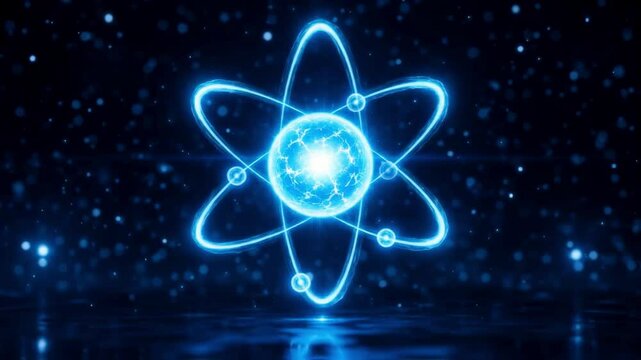 Glowing blue atom symbol with a nucleus and orbiting electrons against a sparkling particle background, representing scientific discovery, nuclear energy, or technological innovation in research