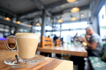 cappuccino, coffee in a clear glass cup in a cafe, soft color background food and drink, hot drink