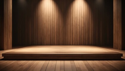 Minimal presentation stage with natural wood textures and soft ambient lighting
