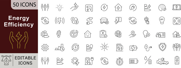 Energy Efficiency Line Icons Set: Renewable Power, Smart Home & Sustainable Solutions. Editable Stroke 