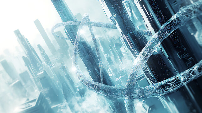 Futuristic Cityscape with Interwoven DNA Strands