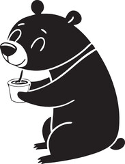 Playful cartoon bear enjoying a drink from a cup. Suitable for cafe designs, children’s books, or beverage branding.