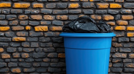 Naklejka premium A bright blue trash bin sitting against a textured gray and orange brick wall, creating a striking contrast that reflects urban life and sustainability themes in design.