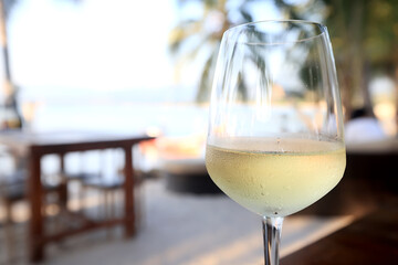 glass of cold white wine on the summer seashore by the water, relaxing by the water, a gentle background of soft color