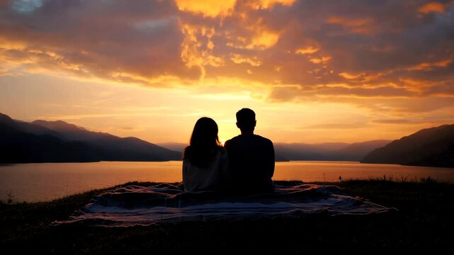 Wide shot of a romantic couple silhouette sitting on a hill watching a golden sunset over a mountain lake