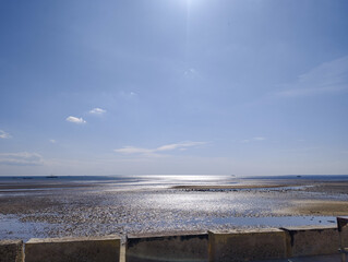 A serene low‑tide beach under a bright midday sun, with shimmering wet sand and subtle sky reflection&mdash;perfect for summer, nature, and travel designs.
