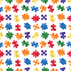 Seamless pattern with jigsaw puzzles in blue, yellow, green and red colors on white background. Hand drawn vector illustration in flat. Autism spectrum disorder concept, children, business strategy