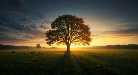 Fototapeta premium A Lone Tree Stands Tall in a Golden Meadow