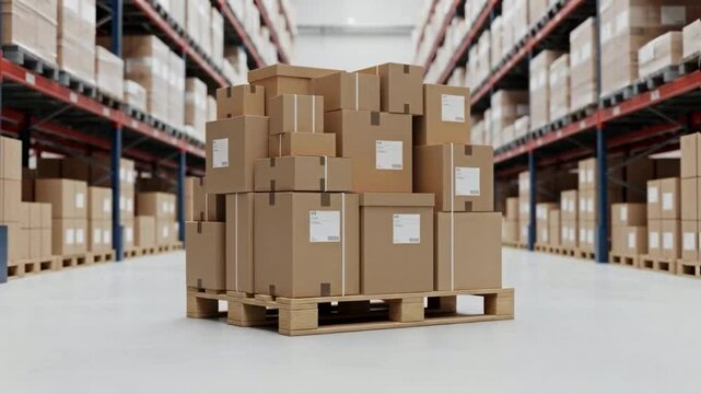 Stack of cardboard boxes is neatly arranged on a wooden pallet in a large, well-organized warehouse, representing logistics, inventory management, or supply chain efficiency in e-commerce
