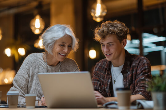 Older woman in her 60s mentoring young male intern, looking at laptop together, smiling - Powered by Adobe
