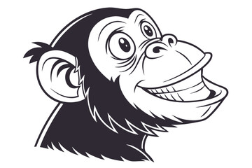 Monochrome cartoon chimpanzee smiles broadly revealing upper teeth, projecting an optimistic and happy expression
