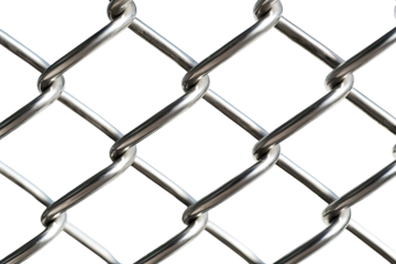 Close-up view of metallic chain-link fence.  Intertwined wires form a diamond pattern