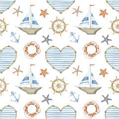 Seamless background with marine elements, watercolor sailboat, wooden rudder, lifebuoy, anchor, starfish, striped heart. Children's drawing in blue, red and beige tones.
