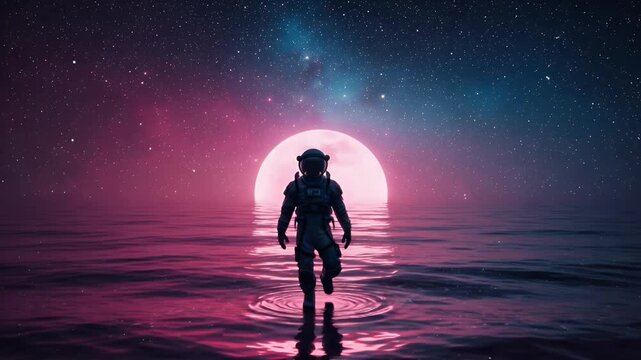 Astronaut walks on a pink, starry ocean under a full moon