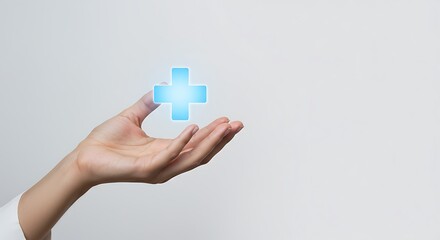 Hand holding a glowing blue plus sign representing health care and medical assistance