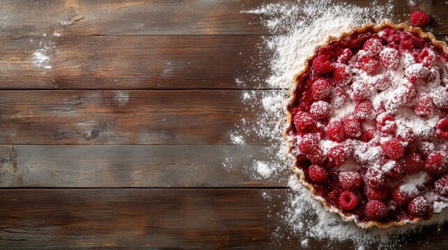 A mouthwatering raspberry tart dusted with powdered sugar lies on a rustic wooden table, showcasing the vibrant red color of the berries surrounded by flour.