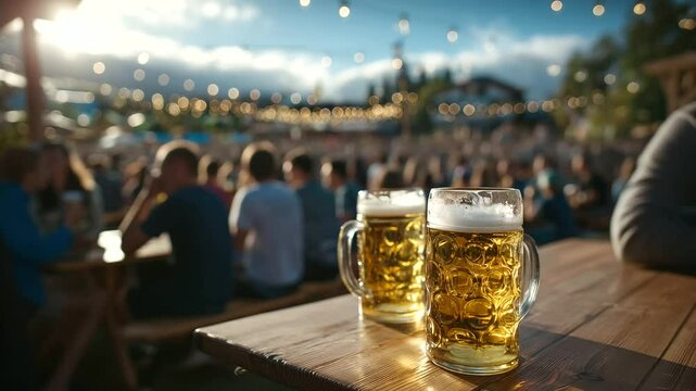 Group of friends sitting at a wooden picnic table under string lights, holding golden beer mugs, bright sunny sky above, cheerful atmosphere with blurred crowd enjoying summer cele