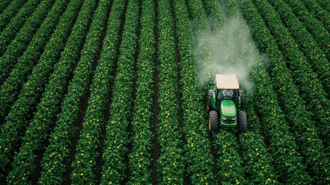 Fototapeta A green tractor operates efficiently within lush fields, demonstrating modern agricultural technology and practices while contributing to crop growth and sustainability.
