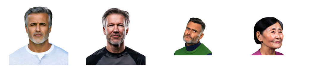 Obraz premium Variety of portrait heads, mature subjects, isolated, cut out transparent