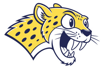 Yellow leopard cartoon mascot head shows happy expression with open mouth and big teeth