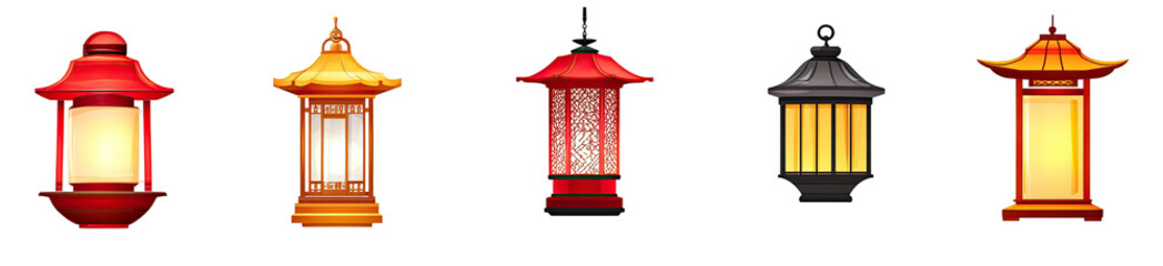 Four stylized Chinese-inspired lanterns in red, gold, and dark colors