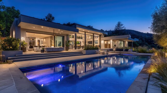 Modern luxury villa exterior at dusk with illuminated pool and landscaped garden showcasing contemporary architecture and upscale living in serene surroundings