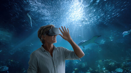 Cheerful young man in VR headset playing online game in virtual reality, driving imaginary car in neon light. millennial man using car simulator in cyberspace, collage