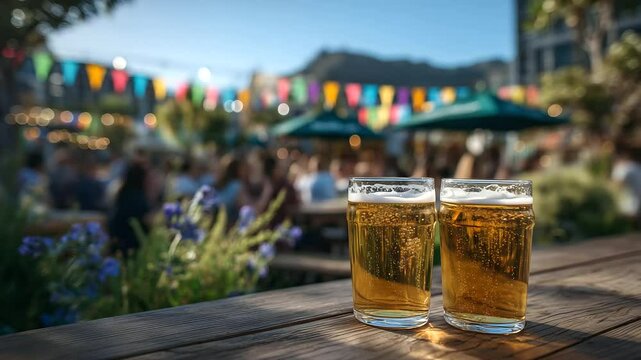 Outdoor beer garden scene featuring wooden tables topped with clinking glasses of craft beer, sunlit faces of relaxed friends, vibrant greenery and colorful festival tents in soft