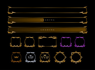 fantasy medieval ancient trading card game template with gold, blue, purple, red color variations. with a fantasy rpg symbol kit
