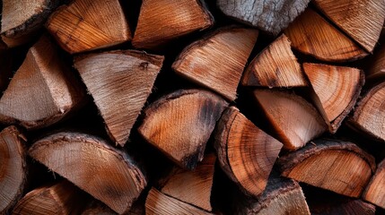 Fototapeta premium A harmonious arrangement of cut firewood stacked neatly, emphasizing the natural beauty of wood grain and the practicality of a rustic home setting, ideal for cozy imagery.