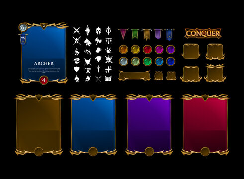 fantasy medieval ancient trading card game template with gold, blue, purple, red color variations. with a fantasy rpg symbol kit