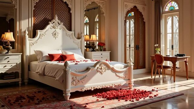 Luxurious Mughal-inspired bedroom featuring a marble bed intricate jali partitions and stained glass lighting a stunning 4K visual