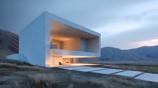 Modern minimalist architecture stands gracefully against a serene landscape, showcasing a blend of concrete structure with natural surroundings at dusk.