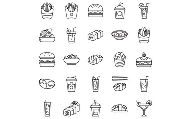 Food and Drink Outline Icon Set – Editable Stroke Vector Icons for Restaurant, Menu, Fast Food & More