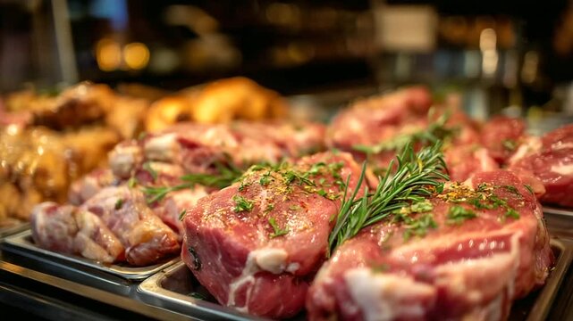 A butcher shop display with various cuts of raw meat including beef, pork, lamb, and chicken, artistically arranged with garnishes of fresh herbs and garlic