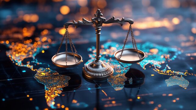 A vintage balance scale rests on a glowing world map, symbolizing global justice, fairness, and international law in a modern, illuminated setting.