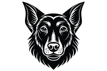 Frontfacing Husky face shows its sharp orange eyes and geometric black features