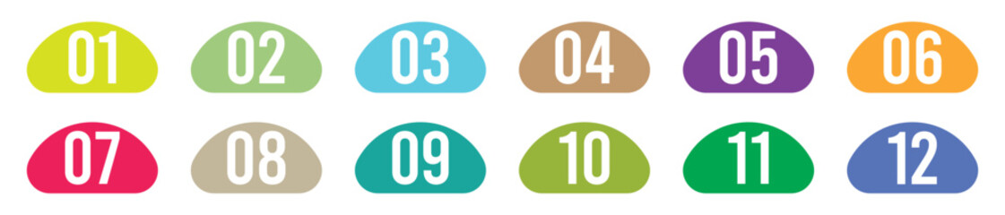 Colorful number bullets point vector set from 1 to 12