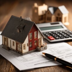 A house model sitting next to mortgage paperwork and a calculator.