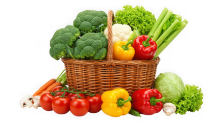 Fresh organic vegetables in wicker basket isolated on transparent background