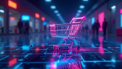 Futuristic shopping cart glows in neon lights, reflecting a digital marketplace at dawn with bustling shoppers in the background
