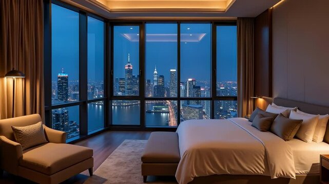 Stunning 4K urban skyline at night showcasing city lights and luxurious hotel linens