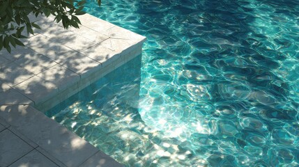 Fototapeta premium Serene Pool Water with Clear Reflection and Sunlight Making Patterns on Tile Surface Under Shady Leaves in a Tranquil Outdoor Environment